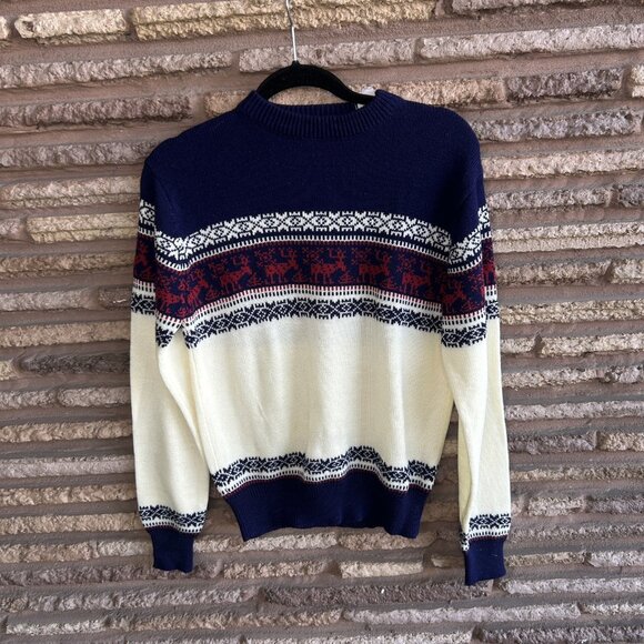 Vintage 1970's  Knit Holiday Moose Reindeer Christmas Ski Sweater Size Medium - Picture 7 of 7